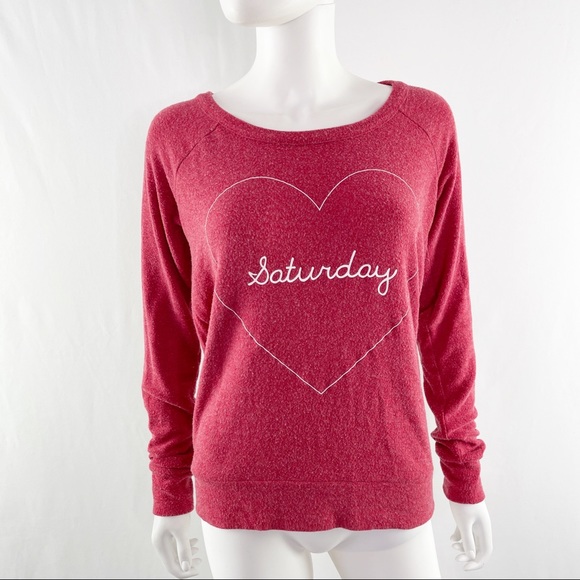 Chaser Sweaters - Chaser Red Long Sleeve Saturday Heart Love Open Back Pullover Sweater Size S